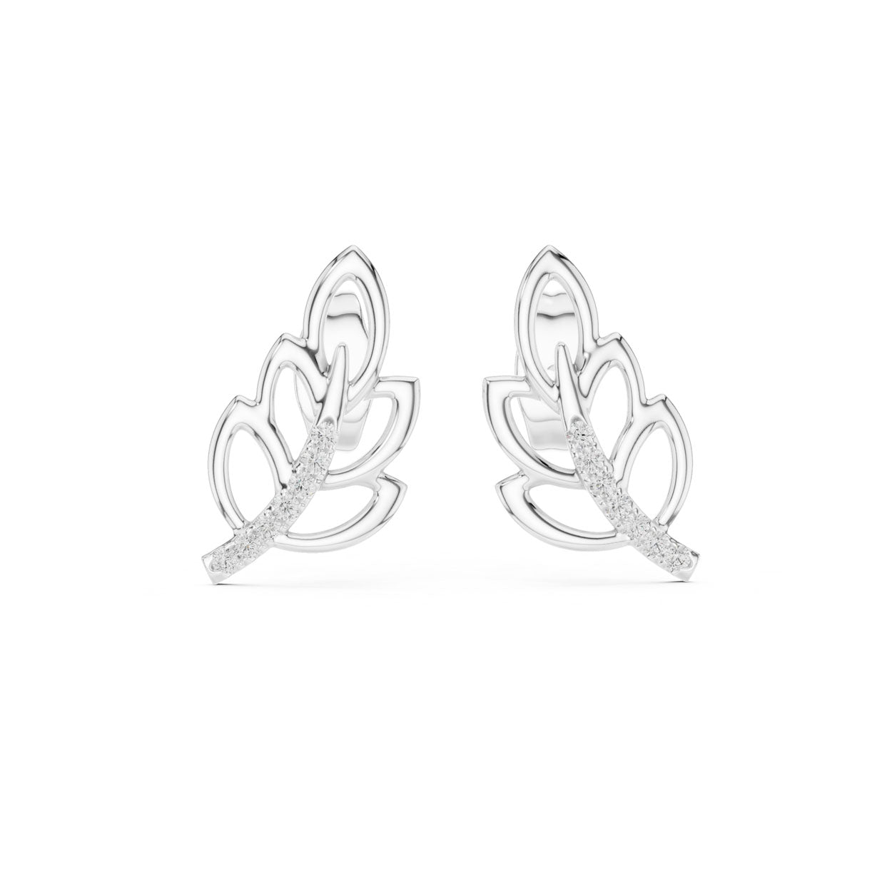 .07 Ct. Layered Leaf Motif Diamond Earrings with Curved Pavé Accent (12#10005@E)