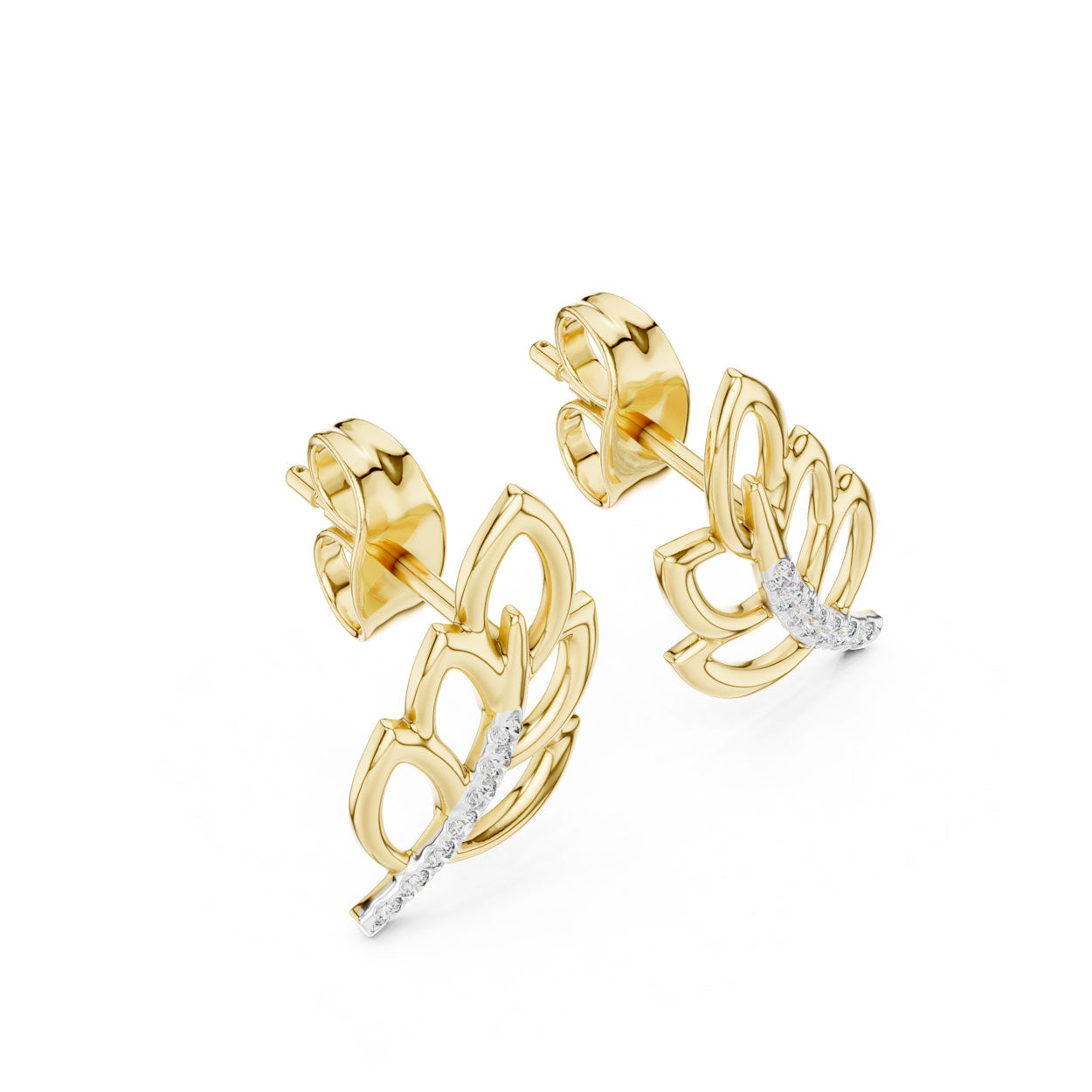 .07 Ct. Layered Leaf Motif Diamond Earrings with Curved Pavé Accent (12#10005@E)
