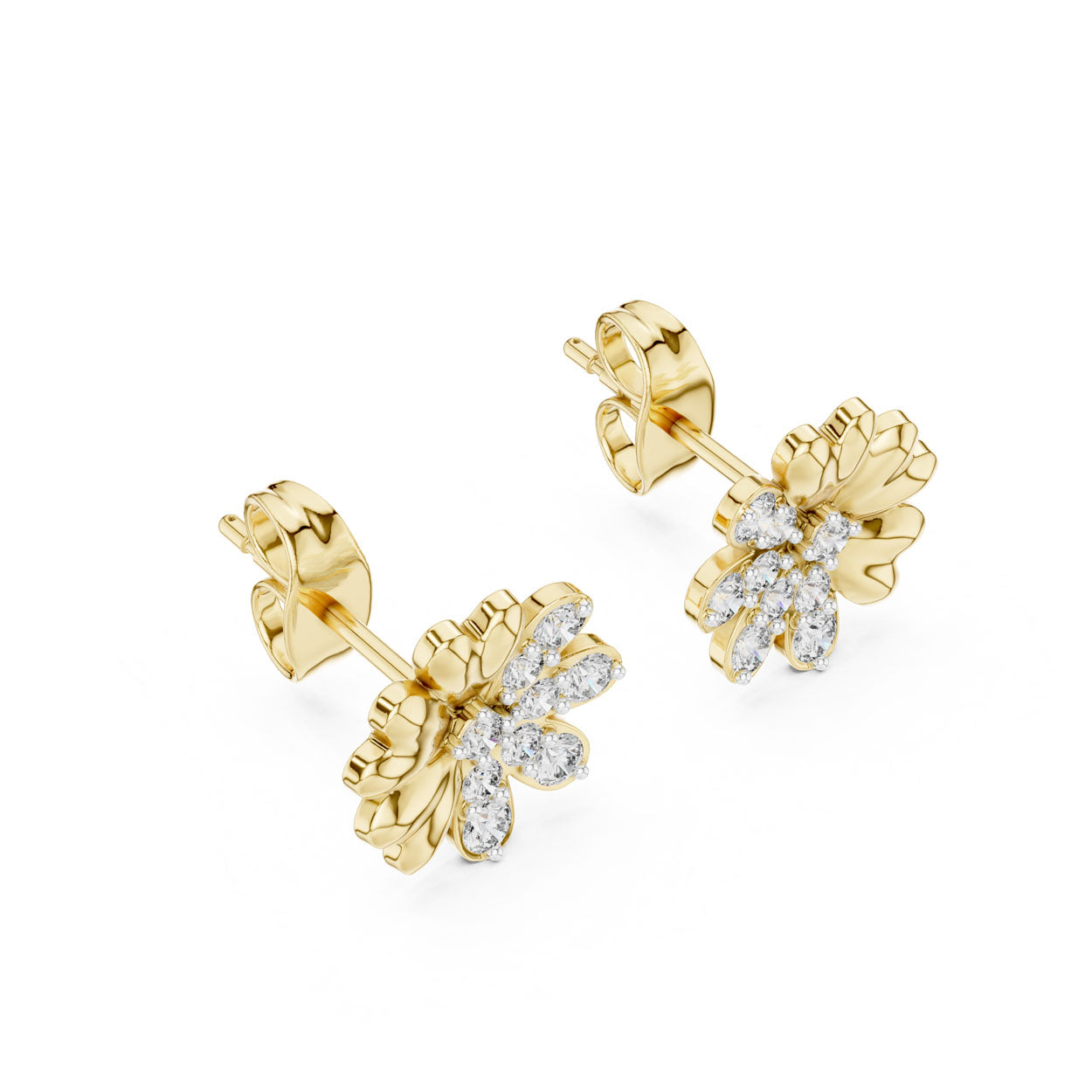 .35 Ct. Petal-Form Diamond Blossom Earrings with Sculpted Gold Accents (12#10022@E)