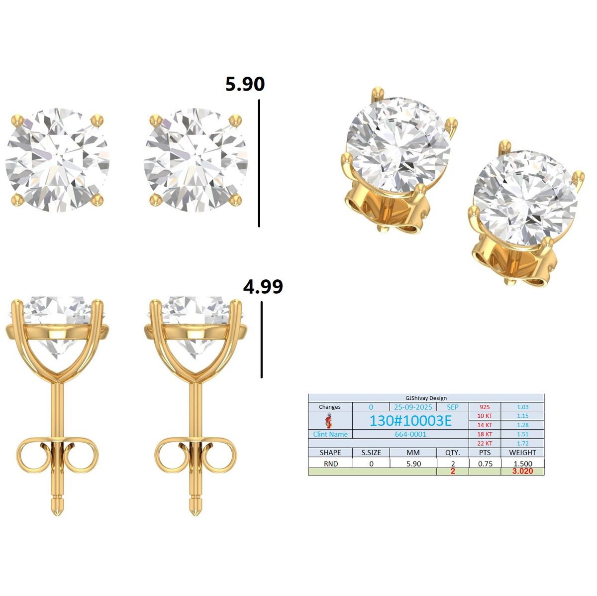 .60-2.00 Ct. Classic Round Diamond Stud Earrings with Four-Prong Basket Setting (130#10001E-04E) 14