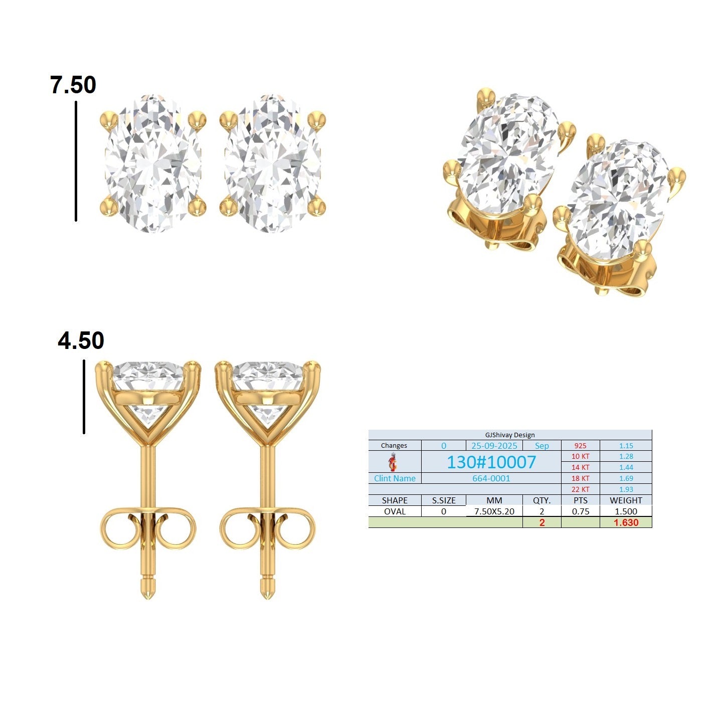 .50-2.00 Ct. Oval Diamond Stud Earrings with Four-Prong Basket Setting (130#10005E-08E) 15