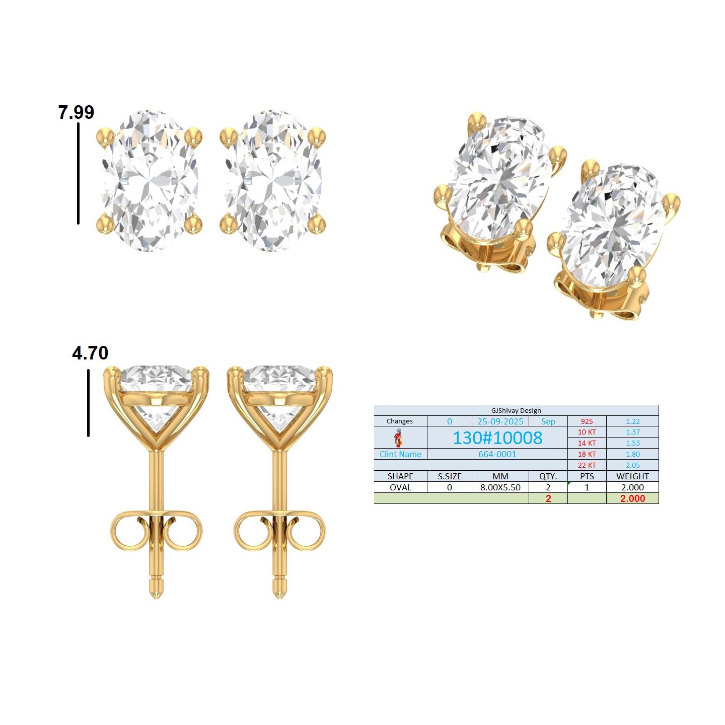 .50-2.00 Ct. Oval Diamond Stud Earrings with Four-Prong Basket Setting (130#10005E-08E) 16