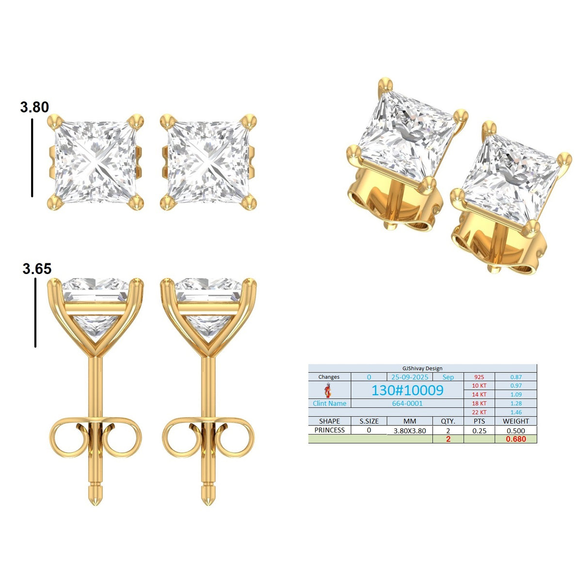 .50-2.00 Ct. Princess Cut Diamond Stud Earrings with Four-Prong Martini Setting (130#10009E-12E) 13