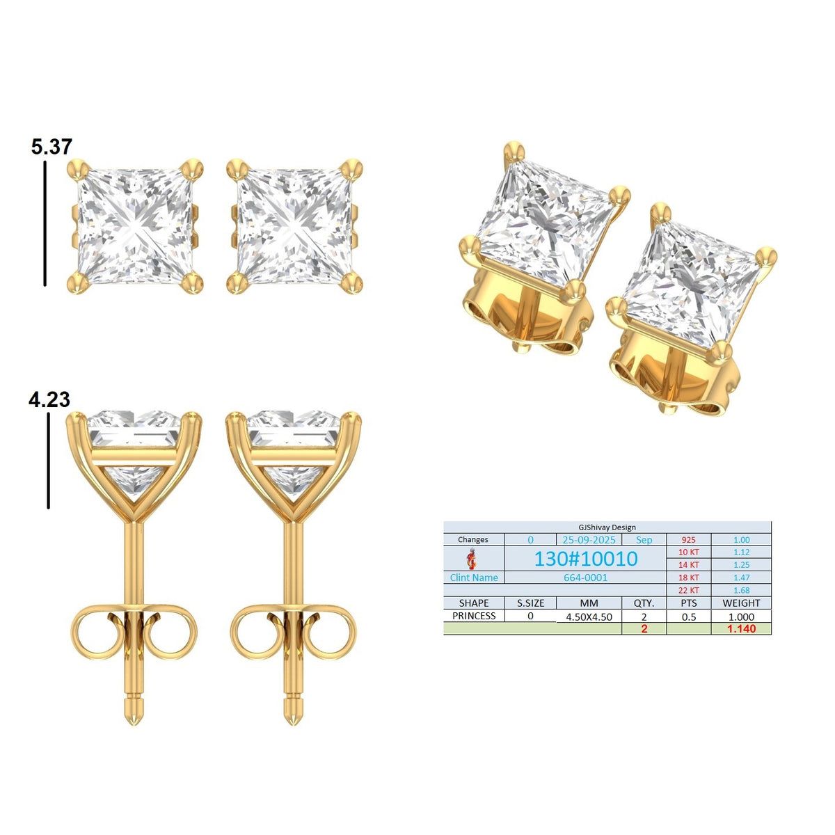 .50-2.00 Ct. Princess Cut Diamond Stud Earrings with Four-Prong Martini Setting (130#10009E-12E) 14