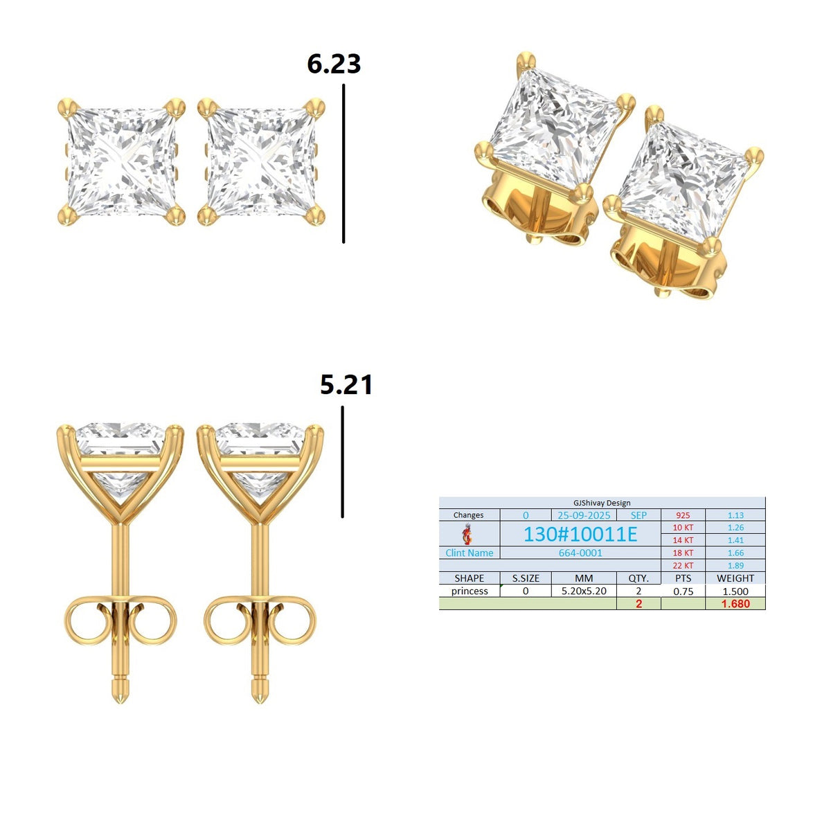 .50-2.00 Ct. Princess Cut Diamond Stud Earrings with Four-Prong Martini Setting (130#10009E-12E) 15