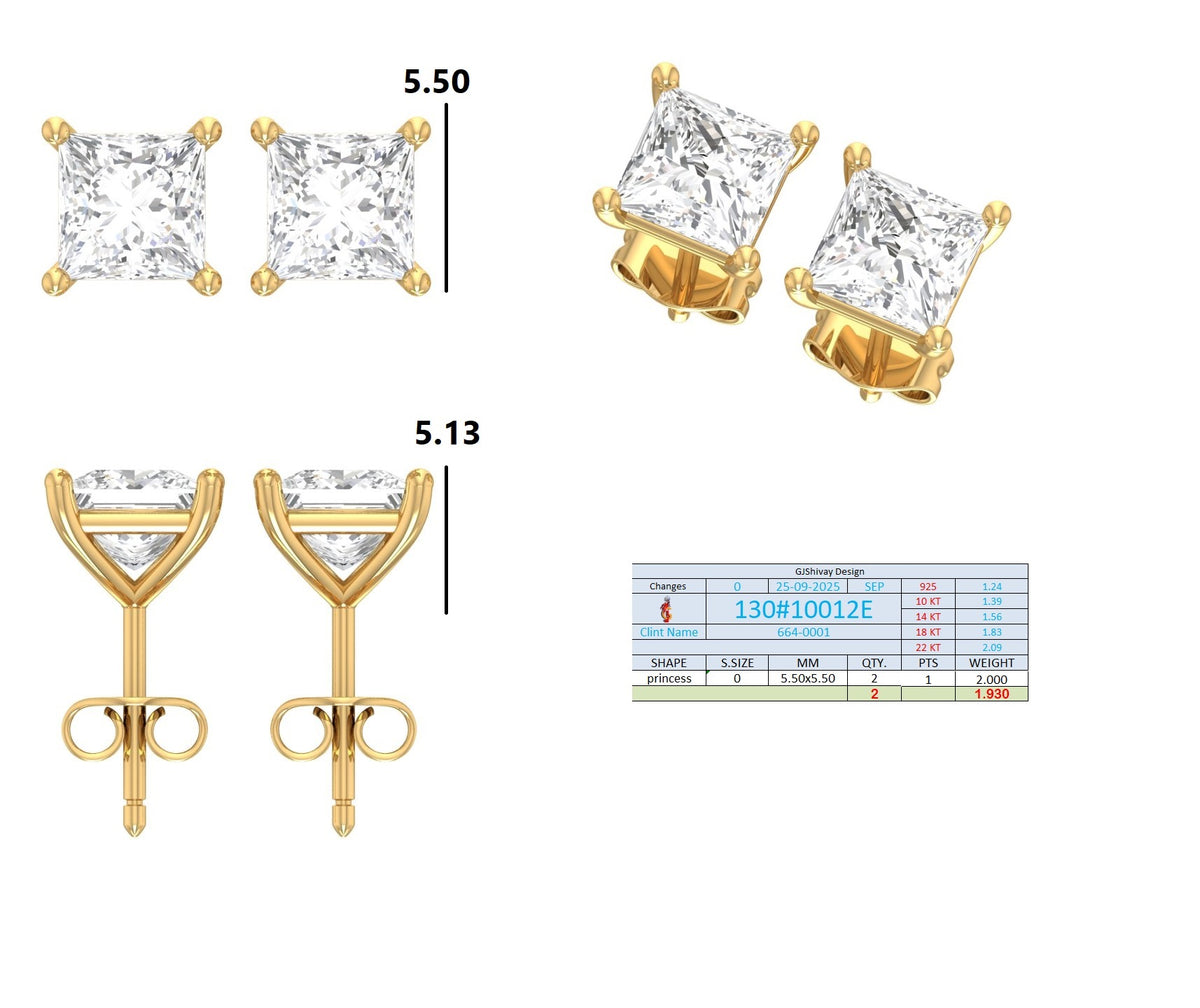 .50-2.00 Ct. Princess Cut Diamond Stud Earrings with Four-Prong Martini Setting (130#10009E-12E) 16