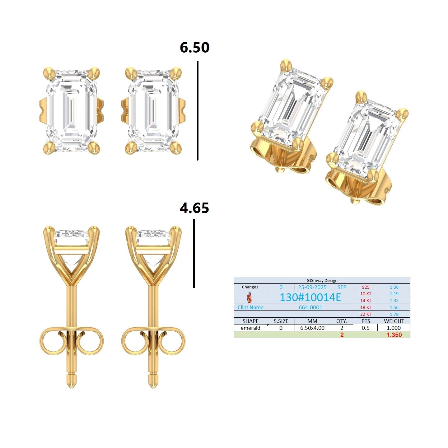 .50-2.00 Ct. Emerald Cut Diamond Stud Earrings with Four-Prong Martini Setting (130#10013E-16E) 14