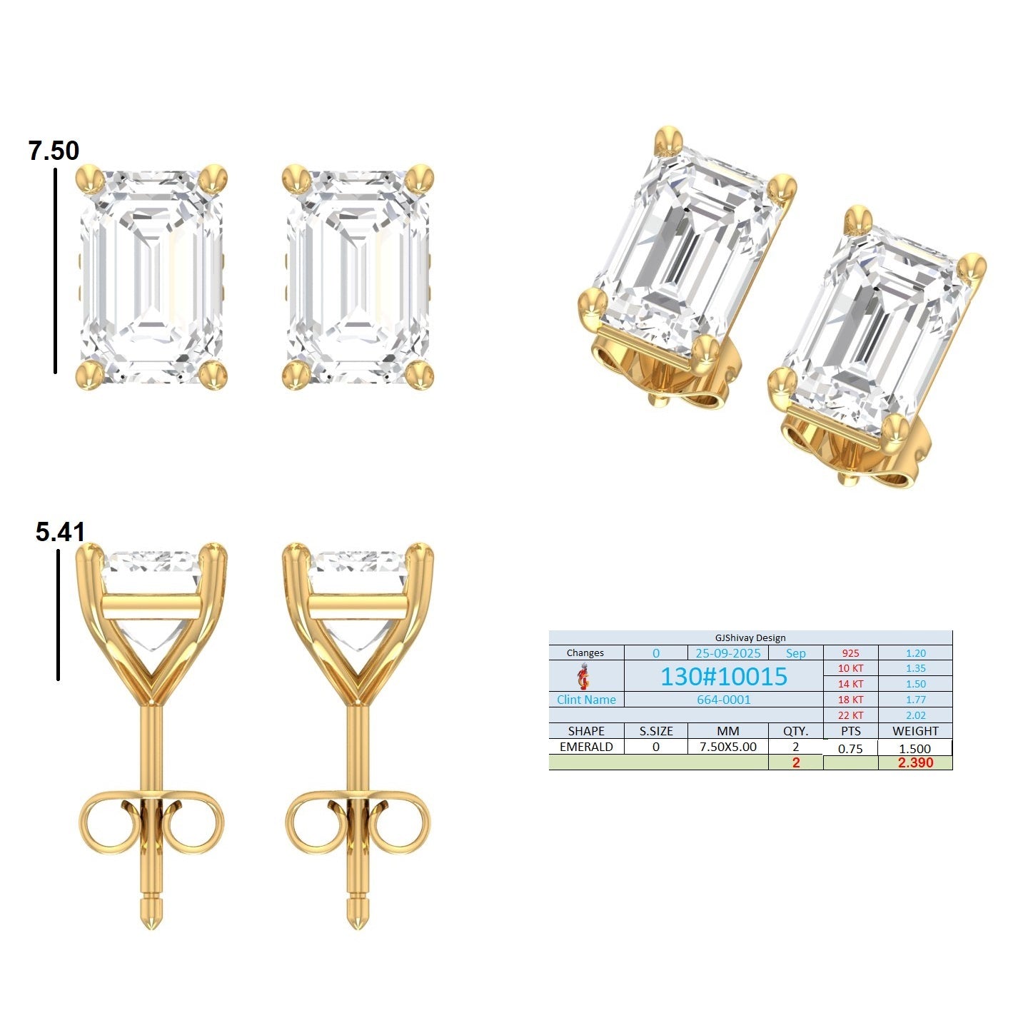 .50-2.00 Ct. Emerald Cut Diamond Stud Earrings with Four-Prong Martini Setting (130#10013E-16E) 15