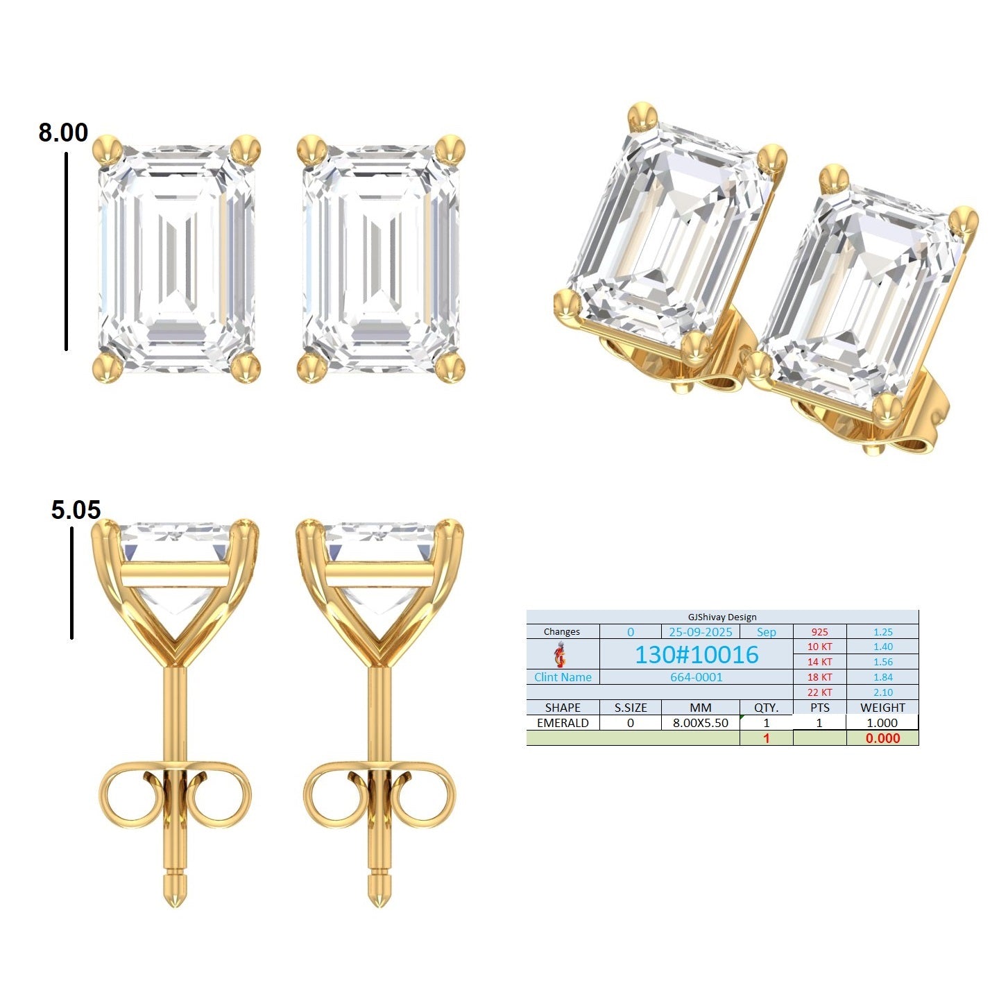 .50-2.00 Ct. Emerald Cut Diamond Stud Earrings with Four-Prong Martini Setting (130#10013E-16E) 16