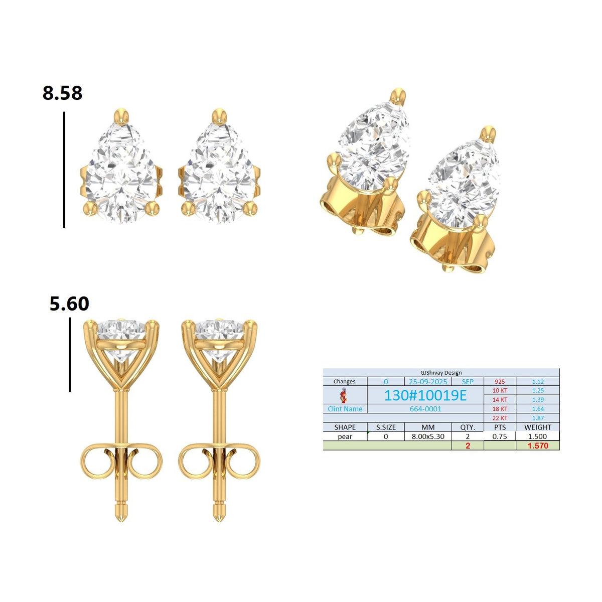 .50-2.00 Ct. Pear Diamond Stud Earrings with Three-Prong Martini Setting (130#10017E-20E) 15