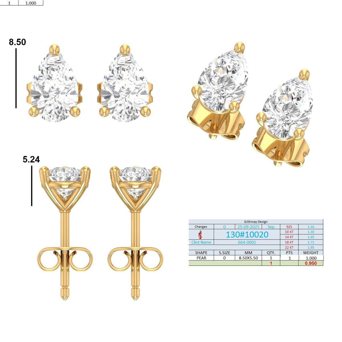 .50-2.00 Ct. Pear Diamond Stud Earrings with Three-Prong Martini Setting (130#10017E-20E) 16