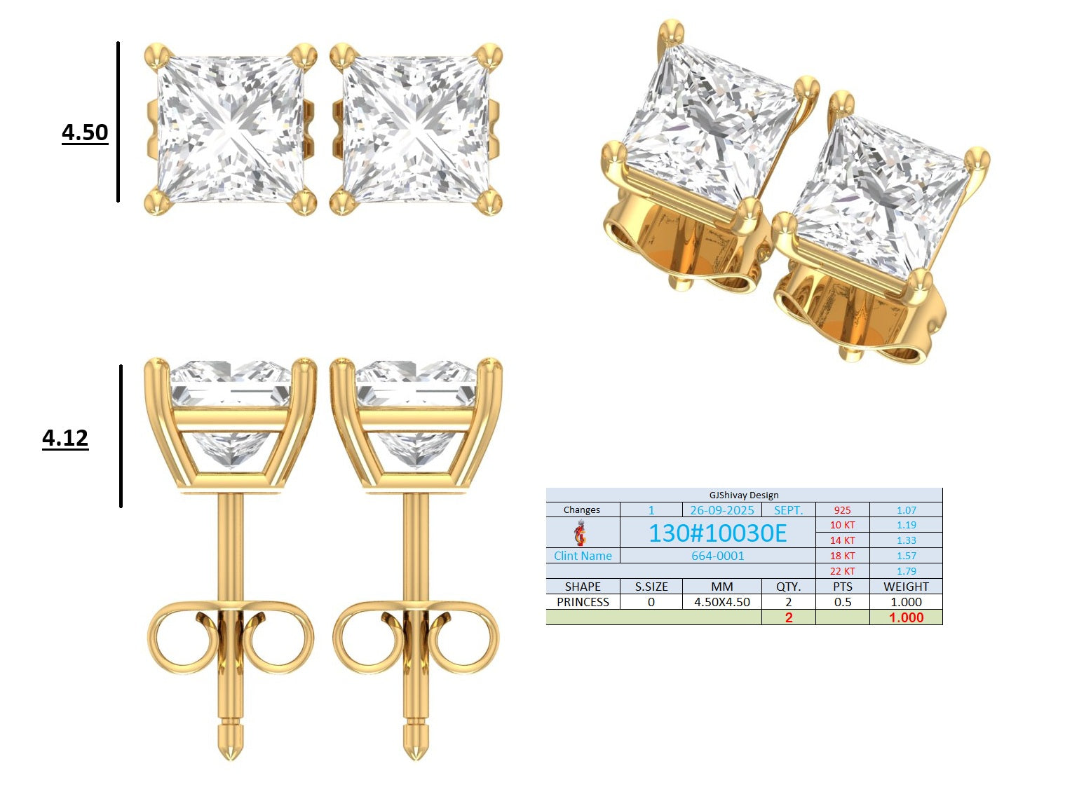 .50-2.00 Ct. Princess Cut Diamond Stud Earrings with Four-Prong Martini Setting (130#10029E-32E) 14