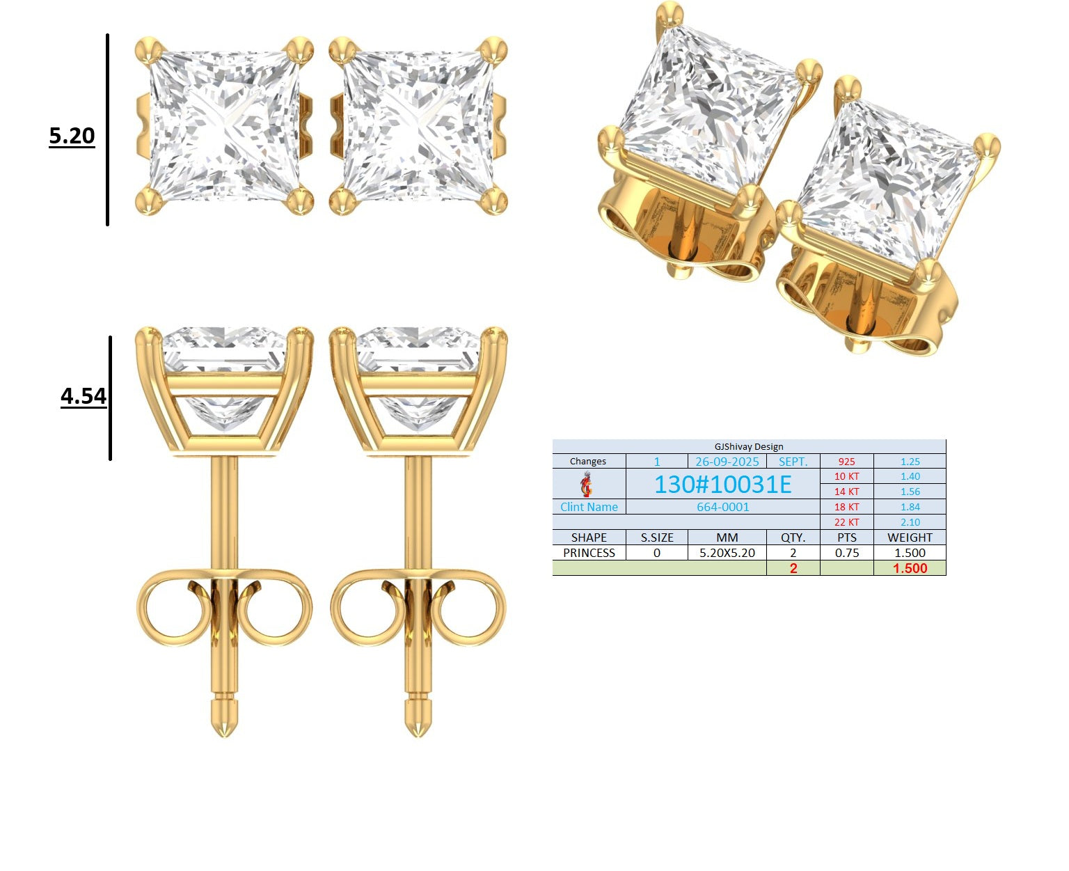 .50-2.00 Ct. Princess Cut Diamond Stud Earrings with Four-Prong Martini Setting (130#10029E-32E) 15
