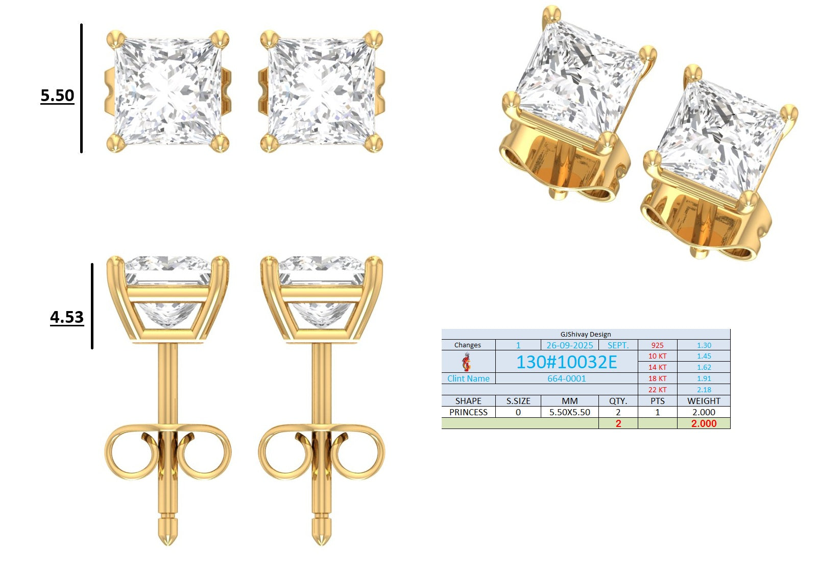 .50-2.00 Ct. Princess Cut Diamond Stud Earrings with Four-Prong Martini Setting (130#10029E-32E) 16