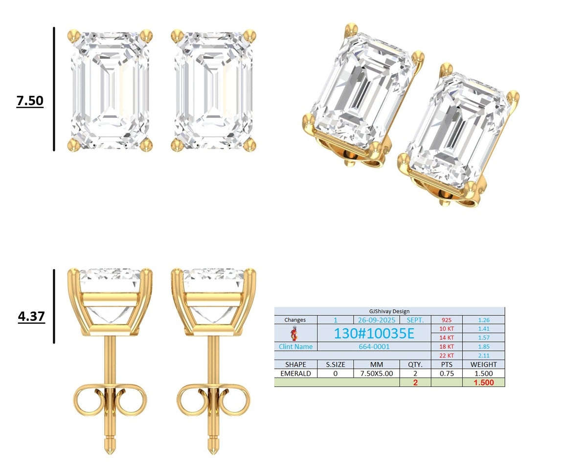 .50-2.00 Ct. Emerald Cut Diamond Stud Earrings with Four-Prong Martini Setting (130#10033E-36E) 15