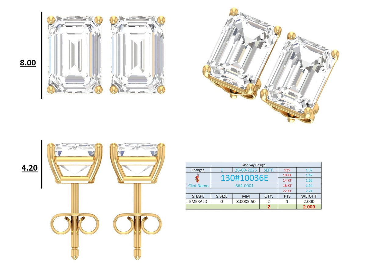 .50-2.00 Ct. Emerald Cut Diamond Stud Earrings with Four-Prong Martini Setting (130#10033E-36E) 16