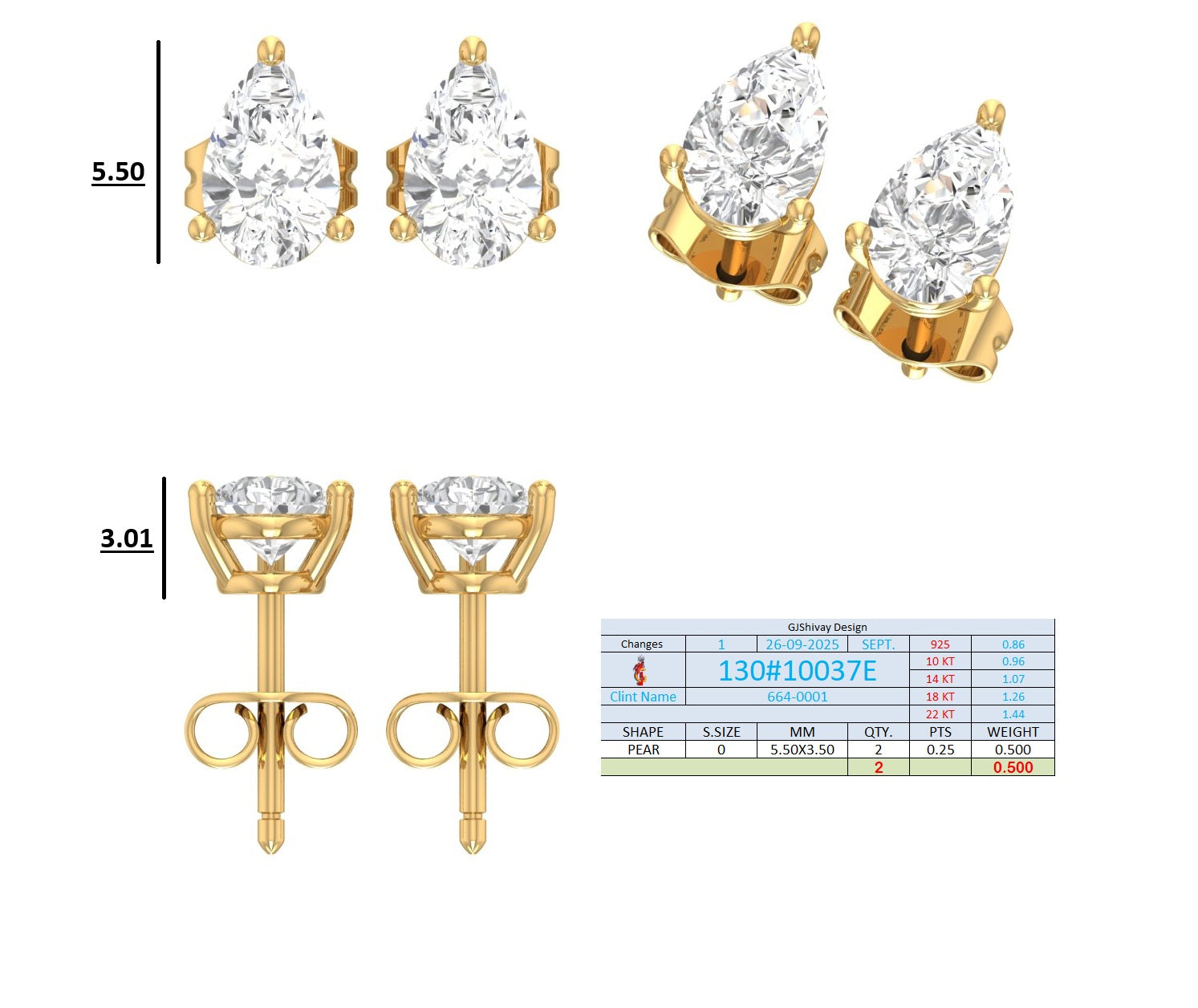 .50-2.00 Ct. Pear Shape Diamond Stud Earrings with Three-Prong Martini Setting (130#10037E-40E) 13