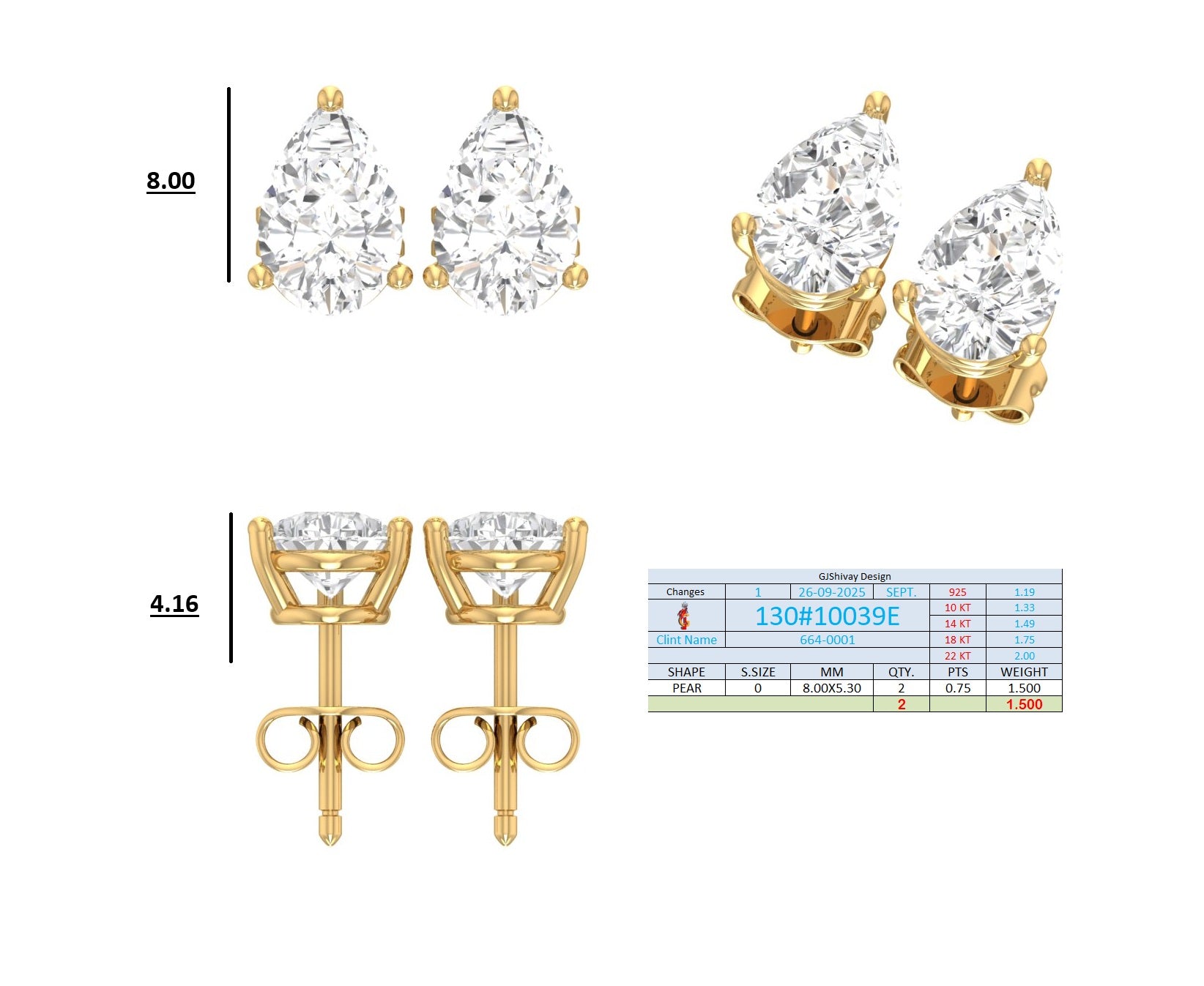.50-2.00 Ct. Pear Shape Diamond Stud Earrings with Three-Prong Martini Setting (130#10037E-40E) 15