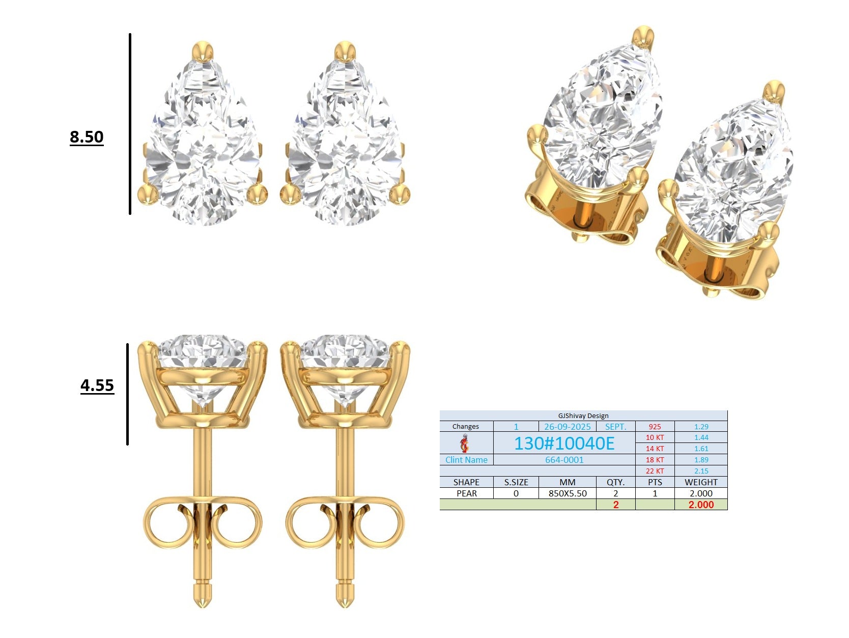 .50-2.00 Ct. Pear Shape Diamond Stud Earrings with Three-Prong Martini Setting (130#10037E-40E) 16
