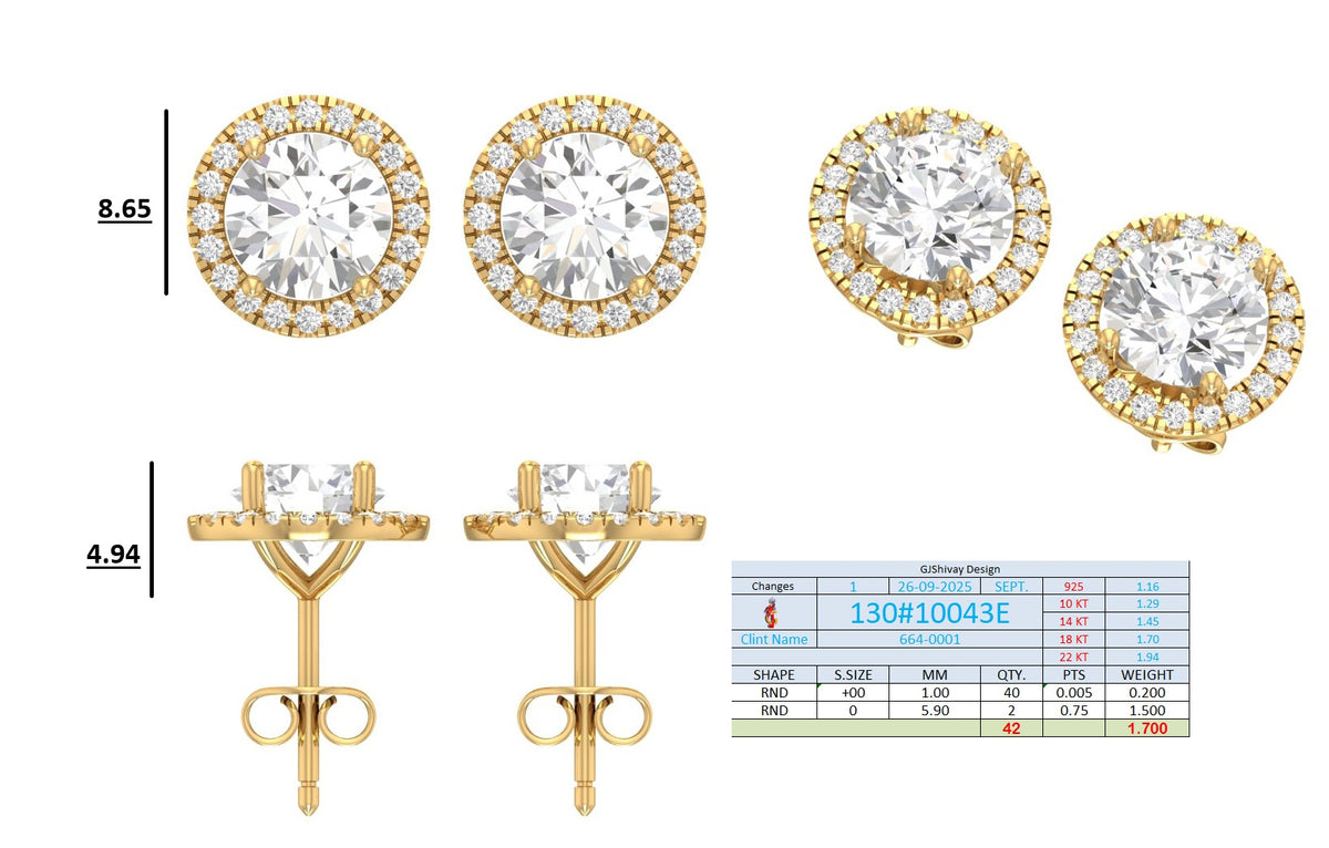 .50-2.00 Ct. Round Diamond Halo Stud Earrings with Pavé Halo Setting (130#10041E-44E) 15