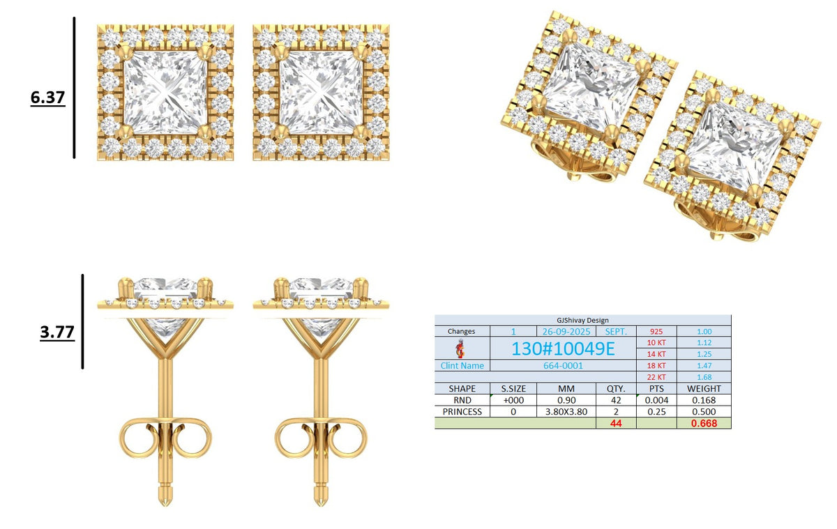 .50-2.00 Ct. Princess Cut Diamond Halo Stud Earrings with Square Pavé Frame (130#10049E-52E) 13