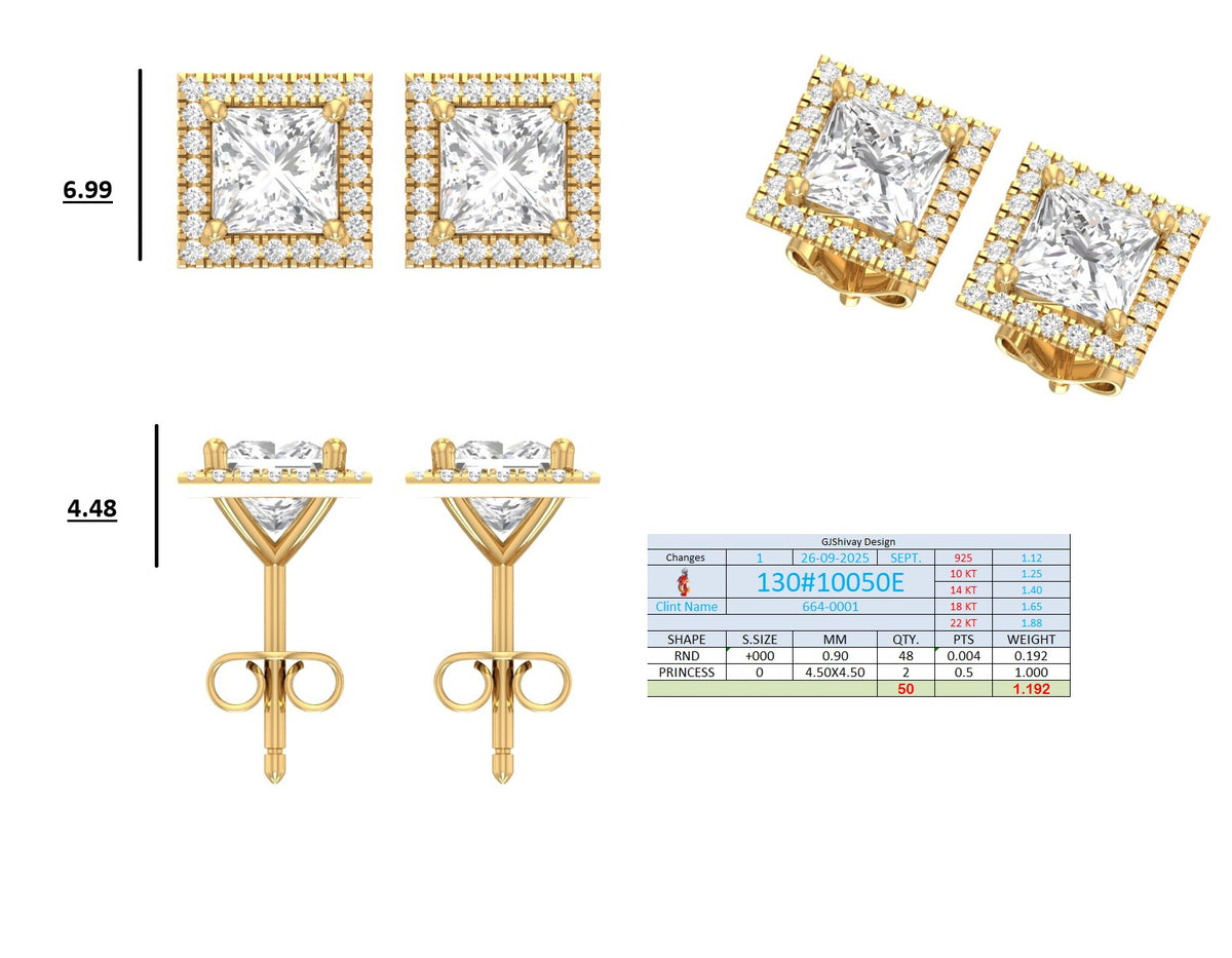 .50-2.00 Ct. Princess Cut Diamond Halo Stud Earrings with Square Pavé Frame (130#10049E-52E) 14