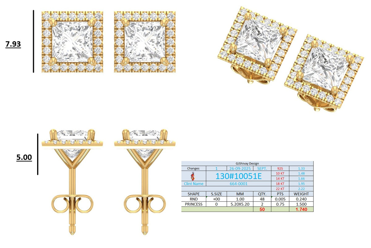 .50-2.00 Ct. Princess Cut Diamond Halo Stud Earrings with Square Pavé Frame (130#10049E-52E) 15