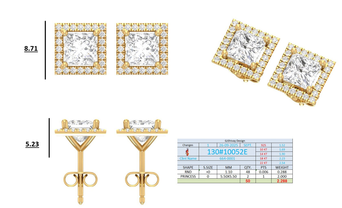 .50-2.00 Ct. Princess Cut Diamond Halo Stud Earrings with Square Pavé Frame (130#10049E-52E) 16