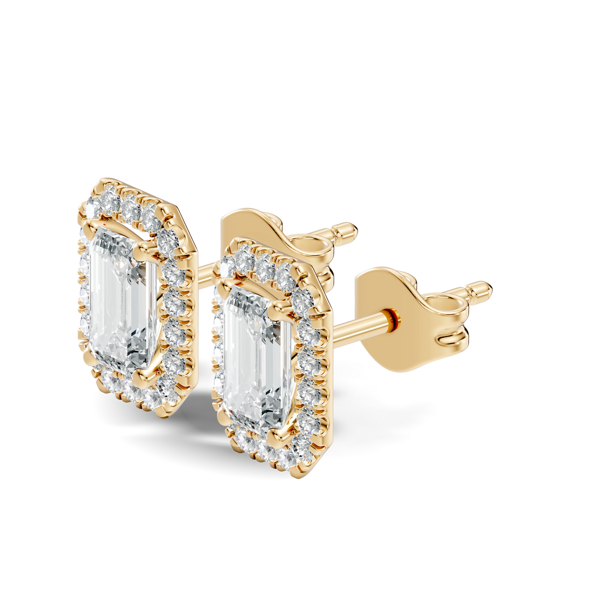 .50-2.00 Ct. Emerald Cut Diamond Halo Stud Earrings with Octagonal Pavé Frame (130#10053E-56E)