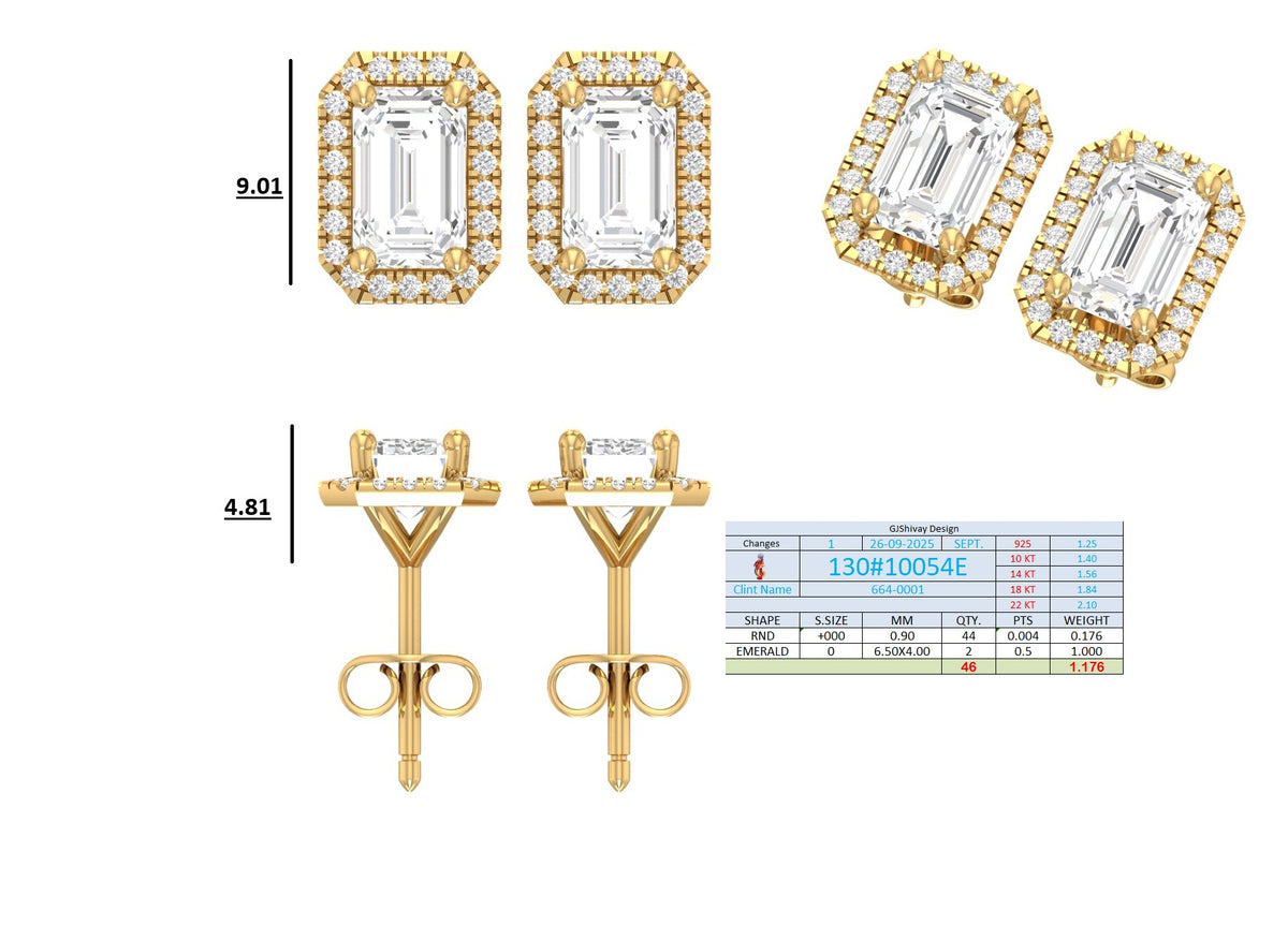 .50-2.00 Ct. Emerald Cut Diamond Halo Stud Earrings with Octagonal Pavé Frame (130#10053E-56E) 14