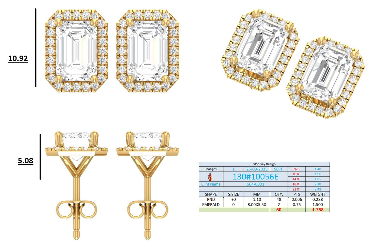 .50-2.00 Ct. Emerald Cut Diamond Halo Stud Earrings with Octagonal Pavé Frame (130#10053E-56E) 15