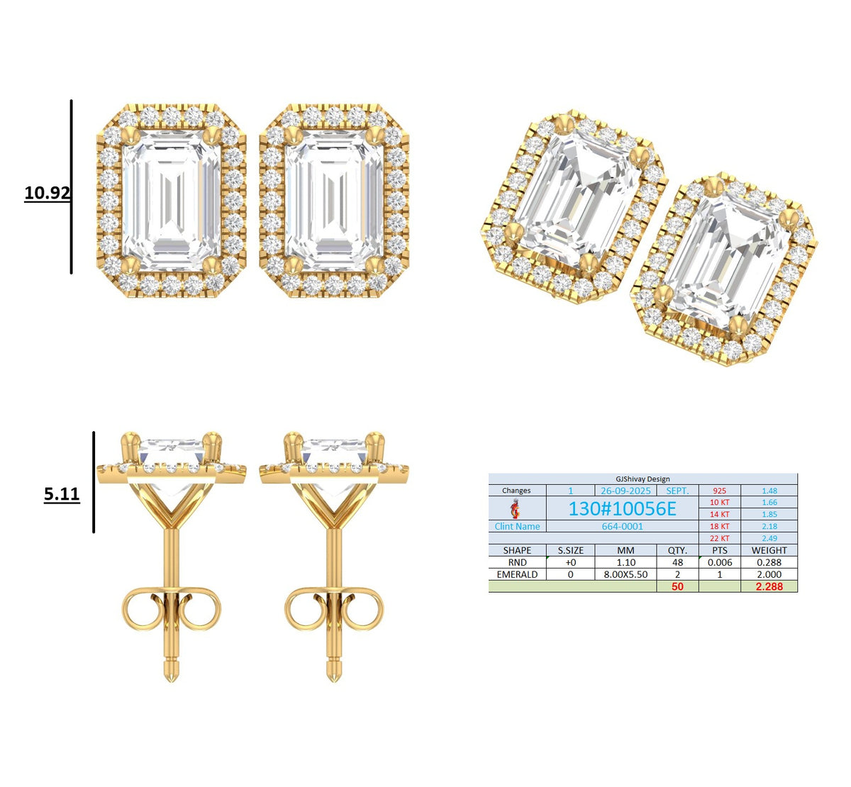 .50-2.00 Ct. Emerald Cut Diamond Halo Stud Earrings with Octagonal Pavé Frame (130#10053E-56E) 16