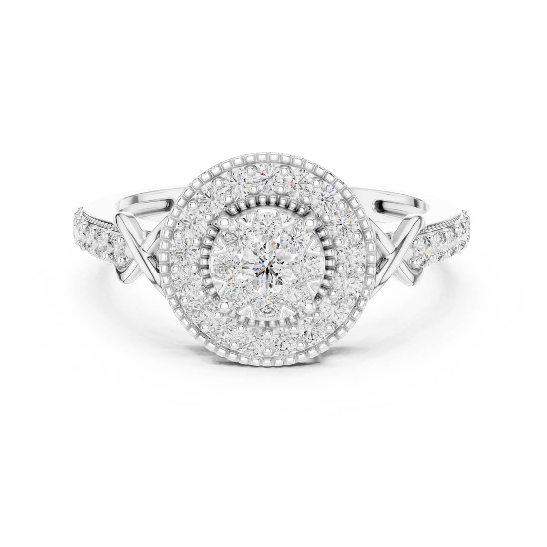 .51 Ct. Round Diamond Double Halo Cluster Ring with Infinity Cross Band (19#120026)