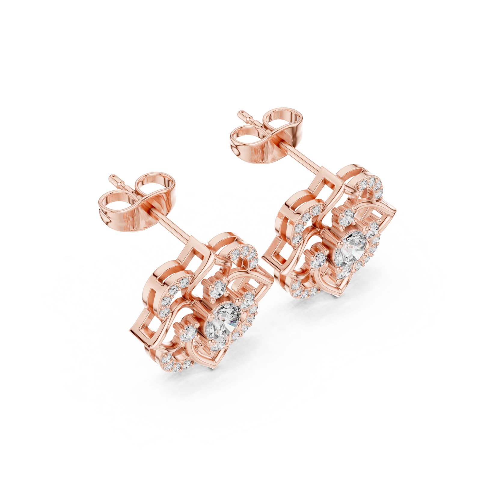 .58 Ct. Floral Round Diamond Earrings with Open Petal Halo Design (3) 9