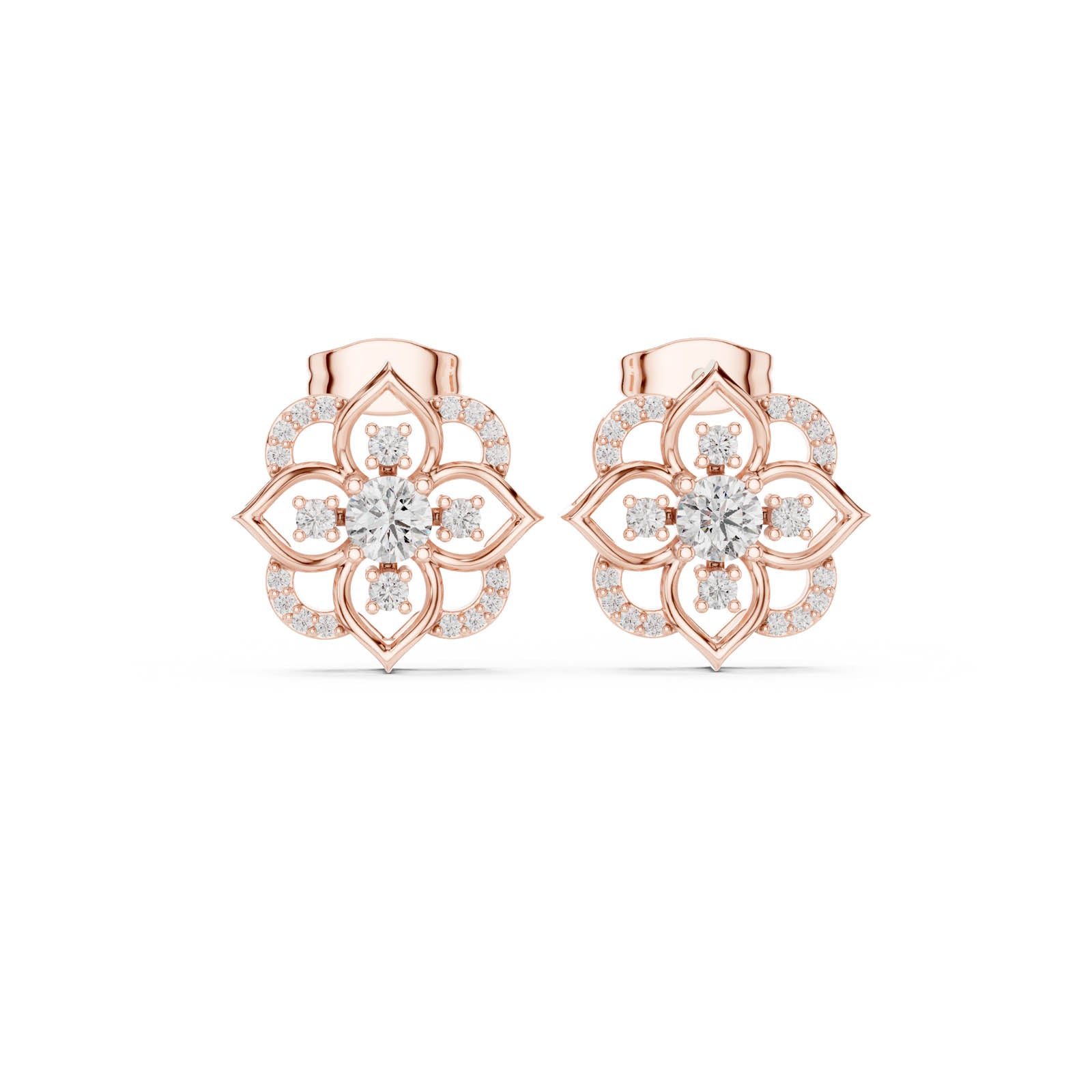 .58 Ct. Floral Round Diamond Earrings with Open Petal Halo Design (3) 11