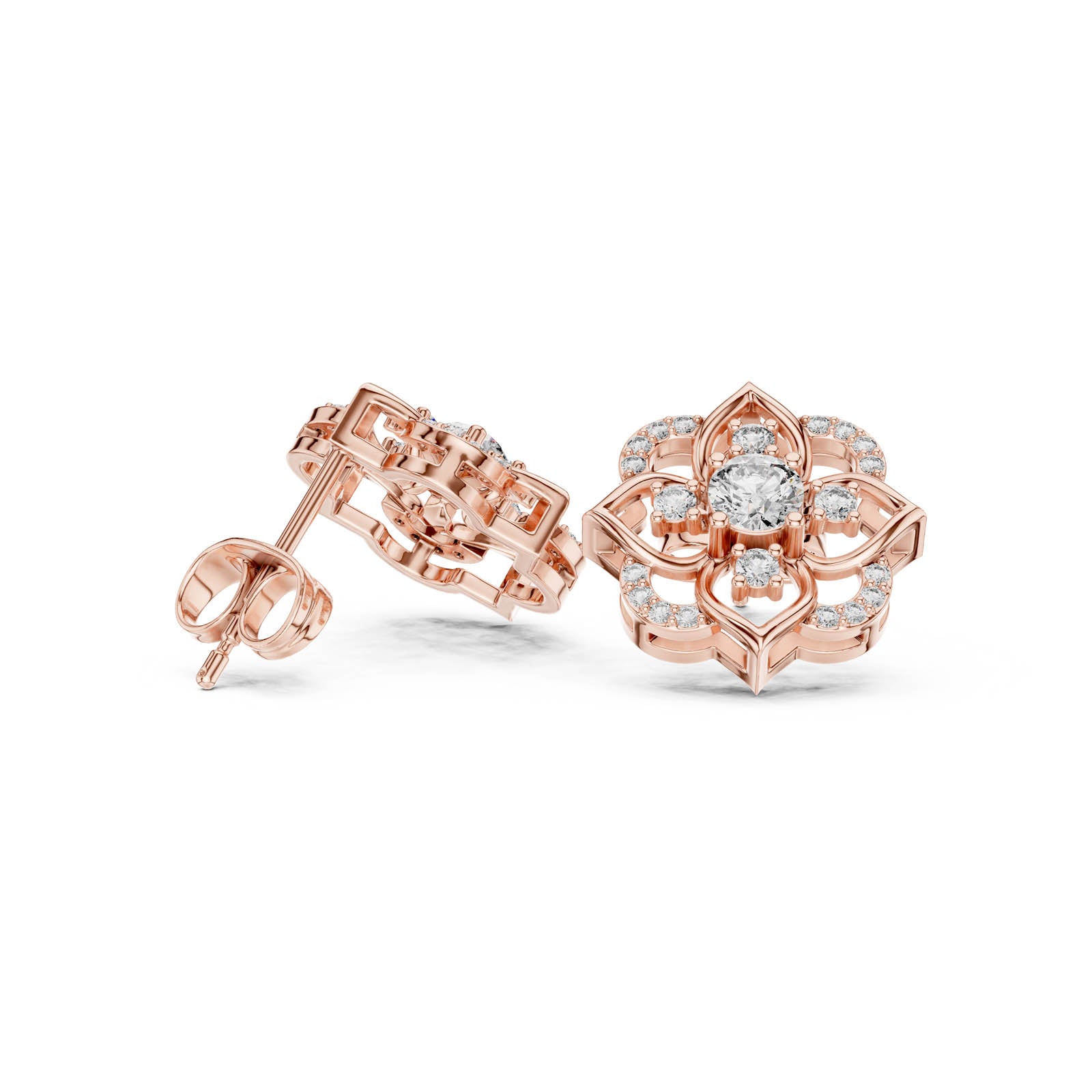 .58 Ct. Floral Round Diamond Earrings with Open Petal Halo Design (3) 3