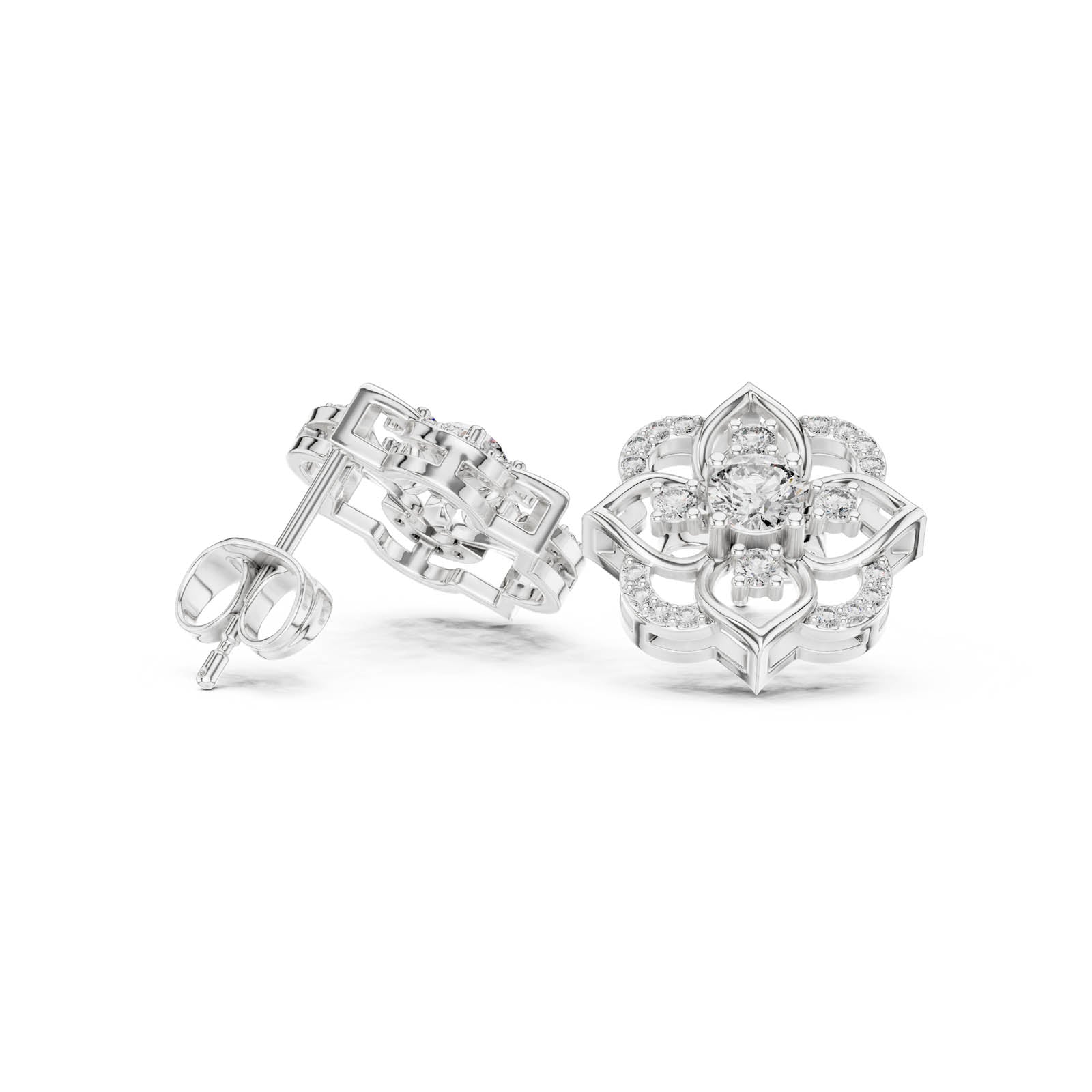 .58 Ct. Floral Round Diamond Earrings with Open Petal Halo Design (3) 7