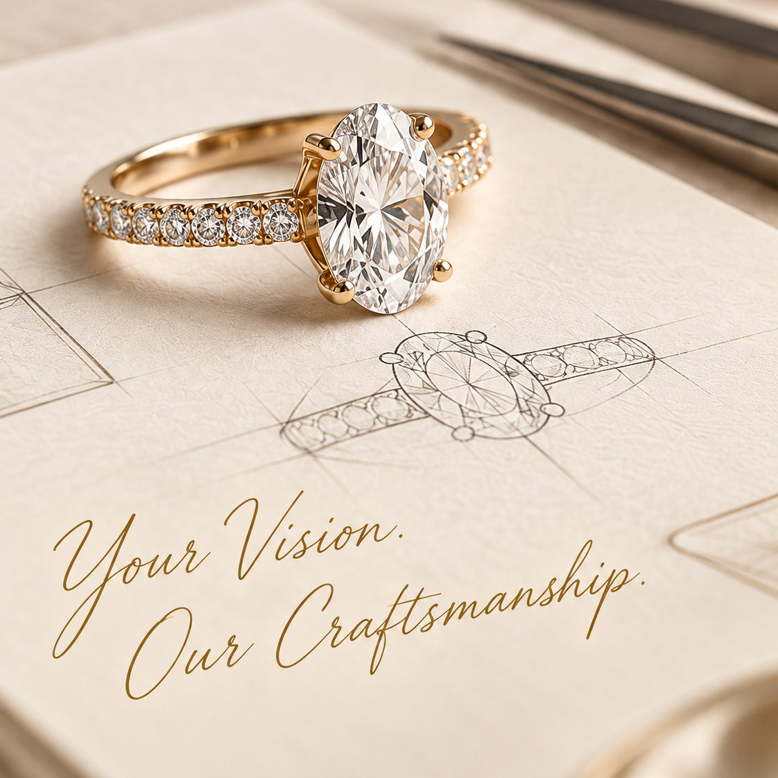 Diamond engagement ring resting on an original jewelry sketch