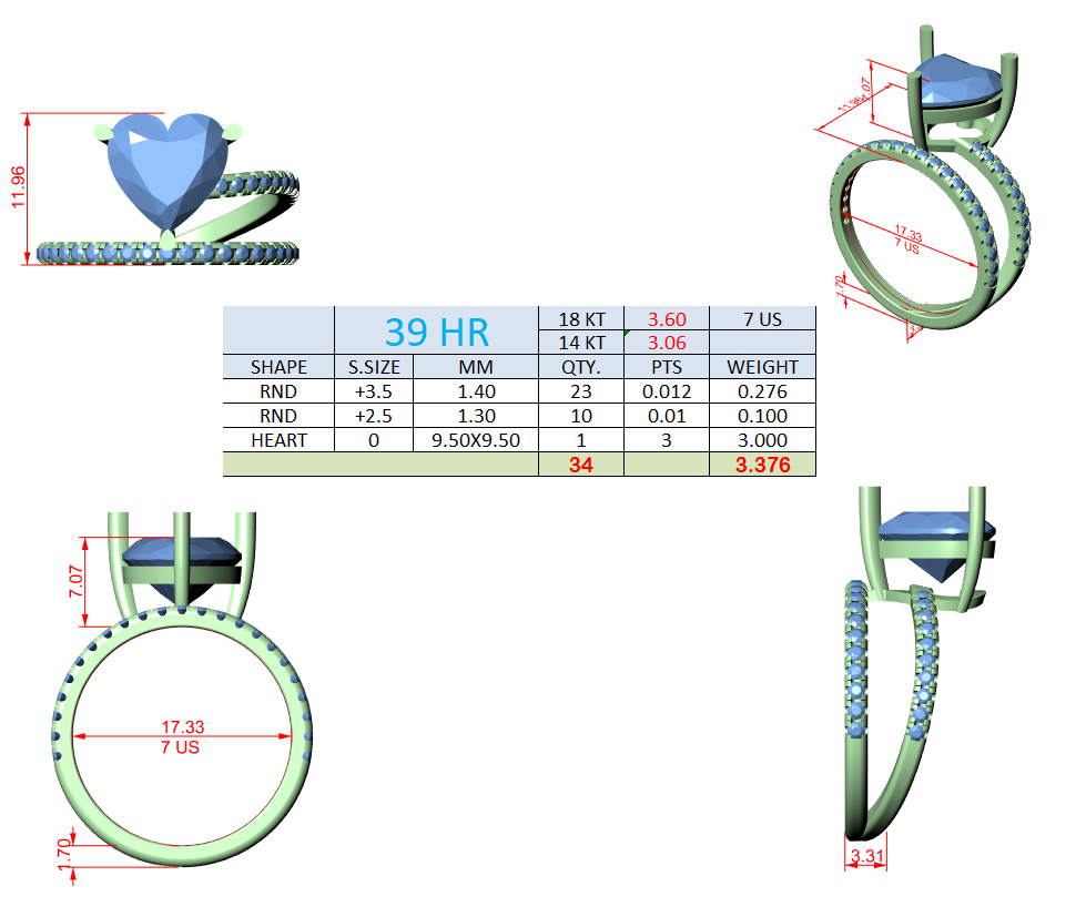 3.38 Ct. Classic Heart Diamond Ring with Double Pavé Split Band (39 HR) 14