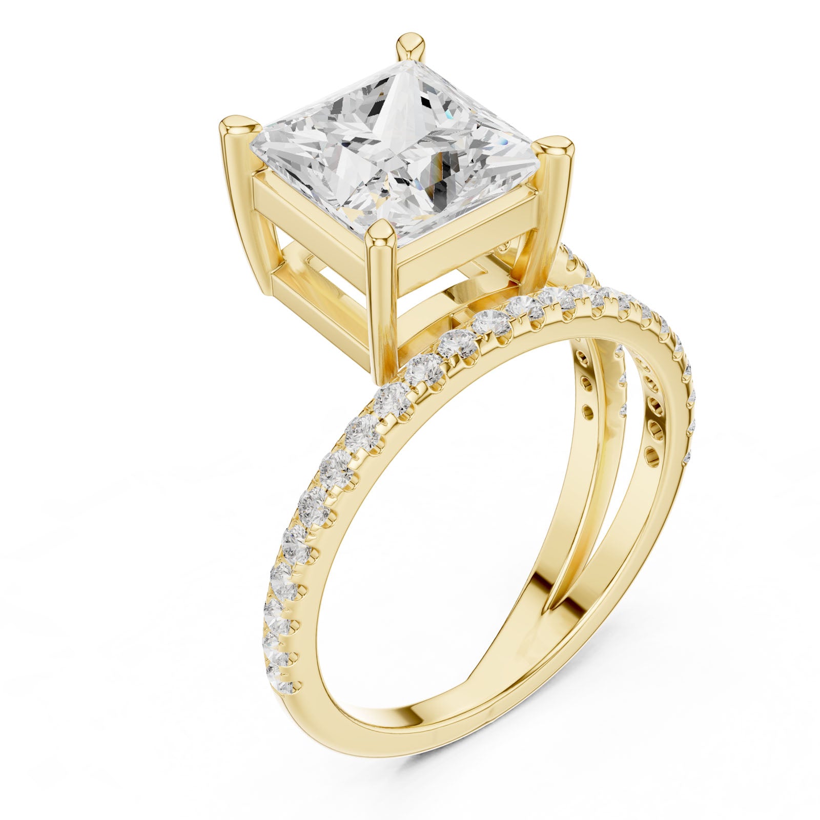 3.38 Ct. Classic Princess Cut Diamond Ring with Double Pavé Split Band (39 PRI)