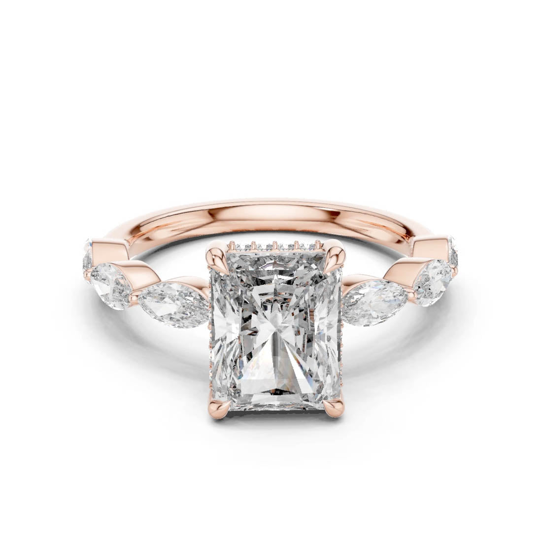 3.70 Ct. Radiant Cut Diamond Ring with Hidden Halo and Marquise set Band (9#10006L_02) 7