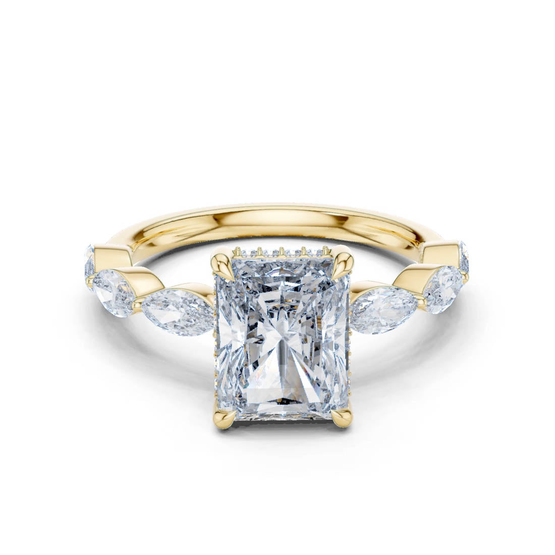 3.70 Ct. Radiant Cut Diamond Ring with Hidden Halo and Marquise set Band (9#10006L_02)