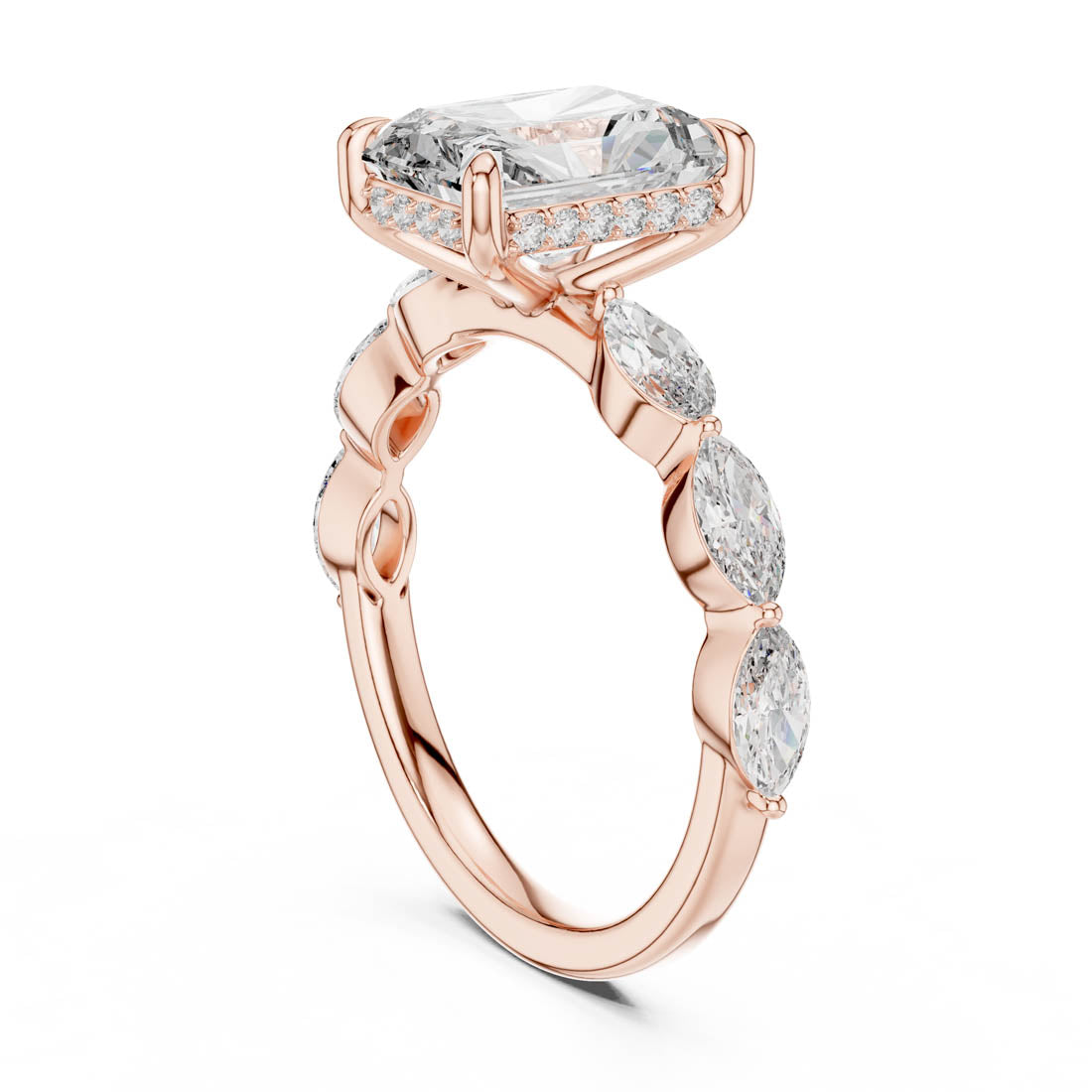 3.70 Ct. Radiant Cut Diamond Ring with Hidden Halo and Marquise set Band (9#10006L_02) 10