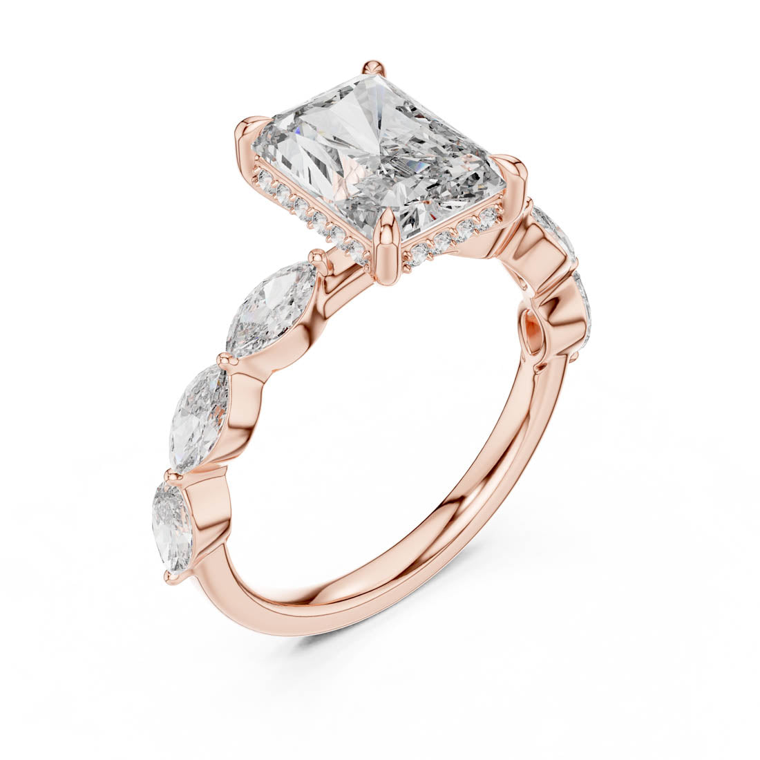 3.70 Ct. Radiant Cut Diamond Ring with Hidden Halo and Marquise set Band (9#10006L_02) 8