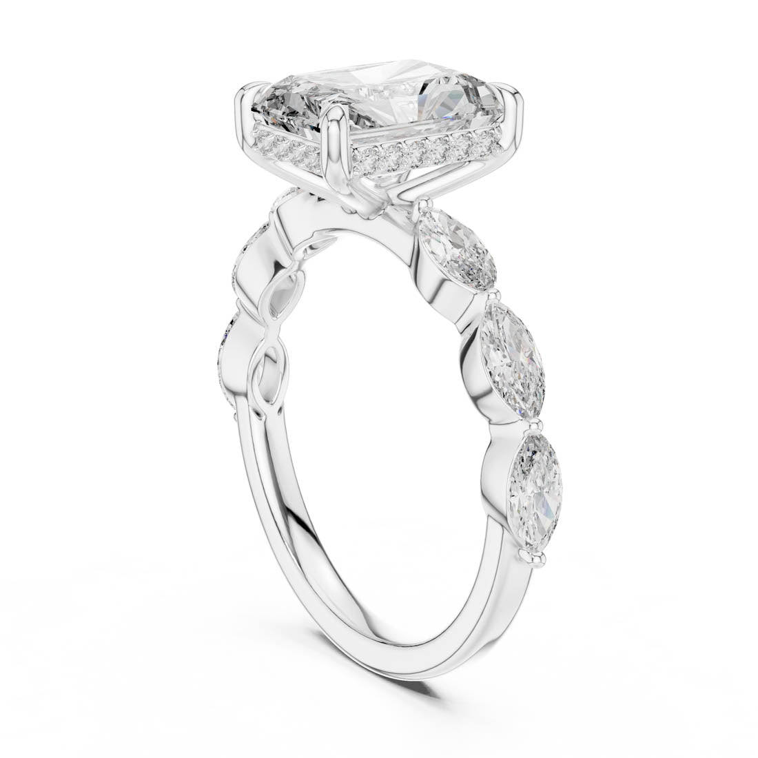 3.70 Ct. Radiant Cut Diamond Ring with Hidden Halo and Marquise set Band (9#10006L_02) 9