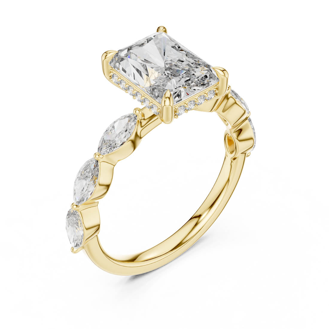 3.70 Ct. Radiant Cut Diamond Ring with Hidden Halo and Marquise set Band (9#10006L_02)