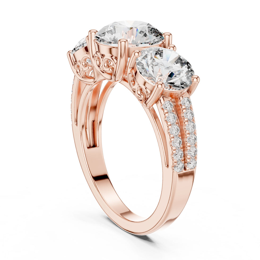 4.19 Ct. Three-Stone Round Diamond Scroll Gallery Ring (9#10052L) 9