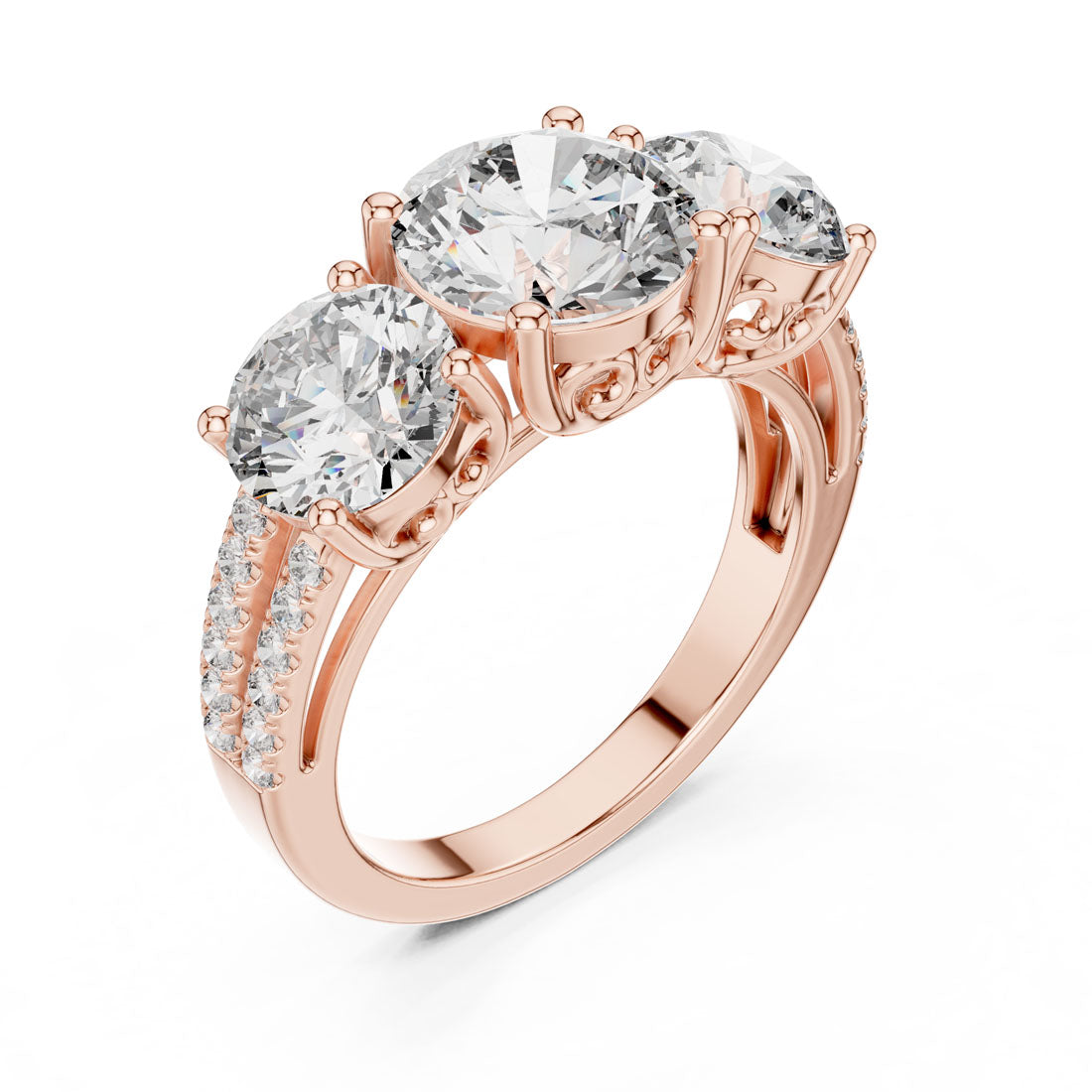 4.19 Ct. Three-Stone Round Diamond Scroll Gallery Ring (9#10052L) 6