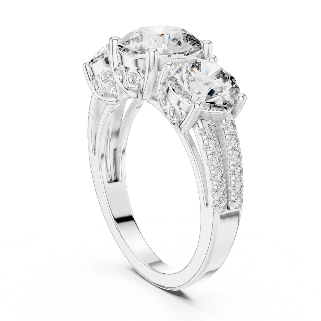 4.19 Ct. Three-Stone Round Diamond Scroll Gallery Ring (9#10052L) 10