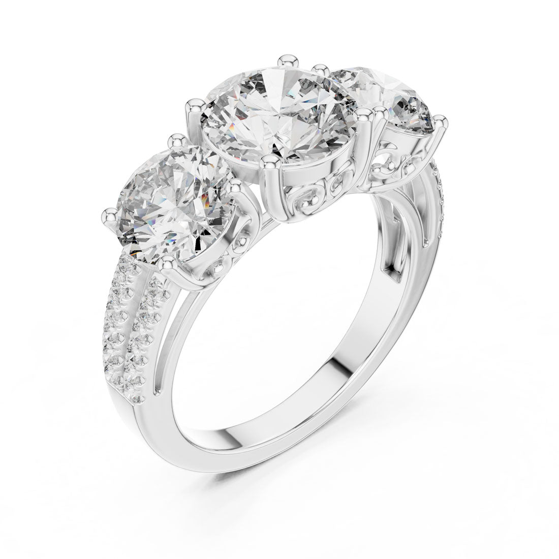 4.19 Ct. Three-Stone Round Diamond Scroll Gallery Ring (9#10052L) 8